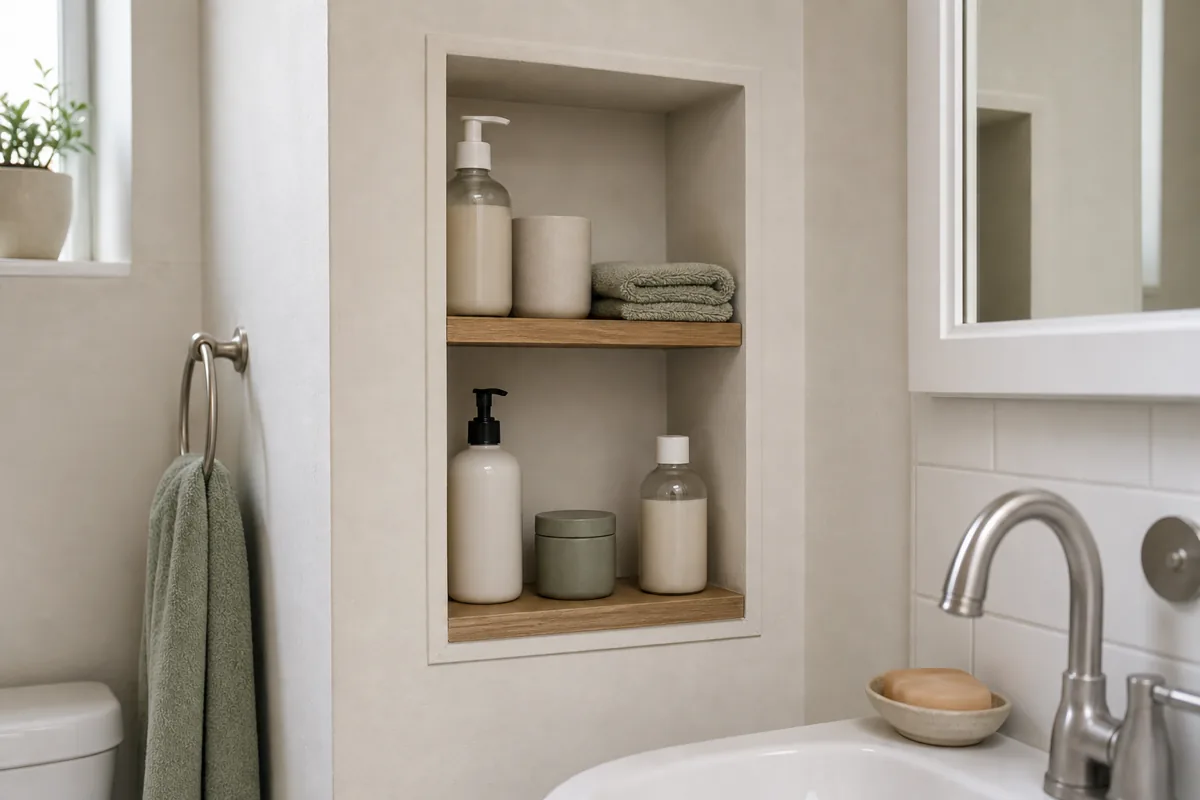 A recessed niche set flush into the wall between the studs beside the sink in a tiny bathroom, holding plain bottles and a folded washcloth, projecting nothing into the room