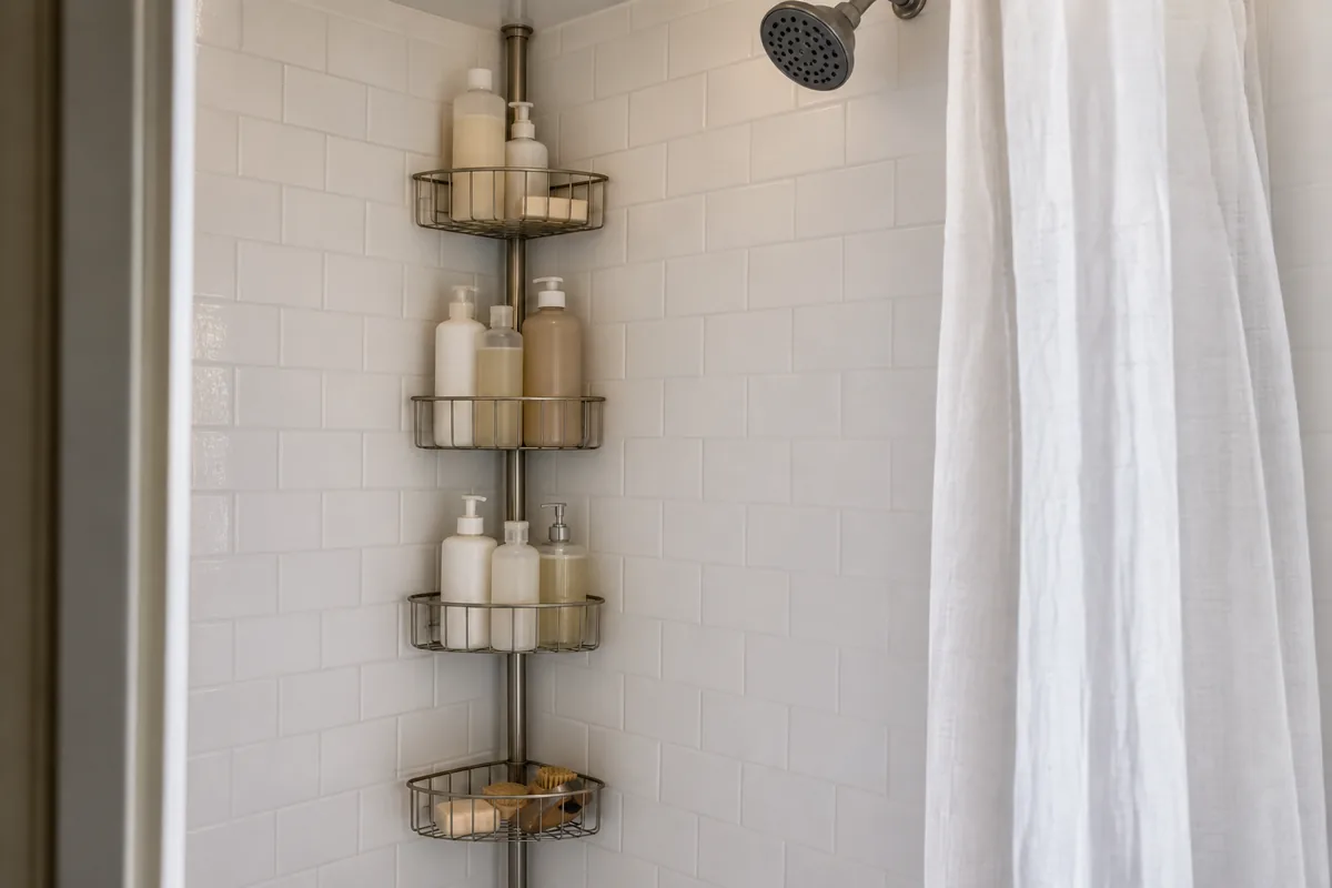 A corner caddy wedged on a floor-to-ceiling tension pole in the corner of a tiny shower, holding plain shampoo and soap bottles off the shower floor