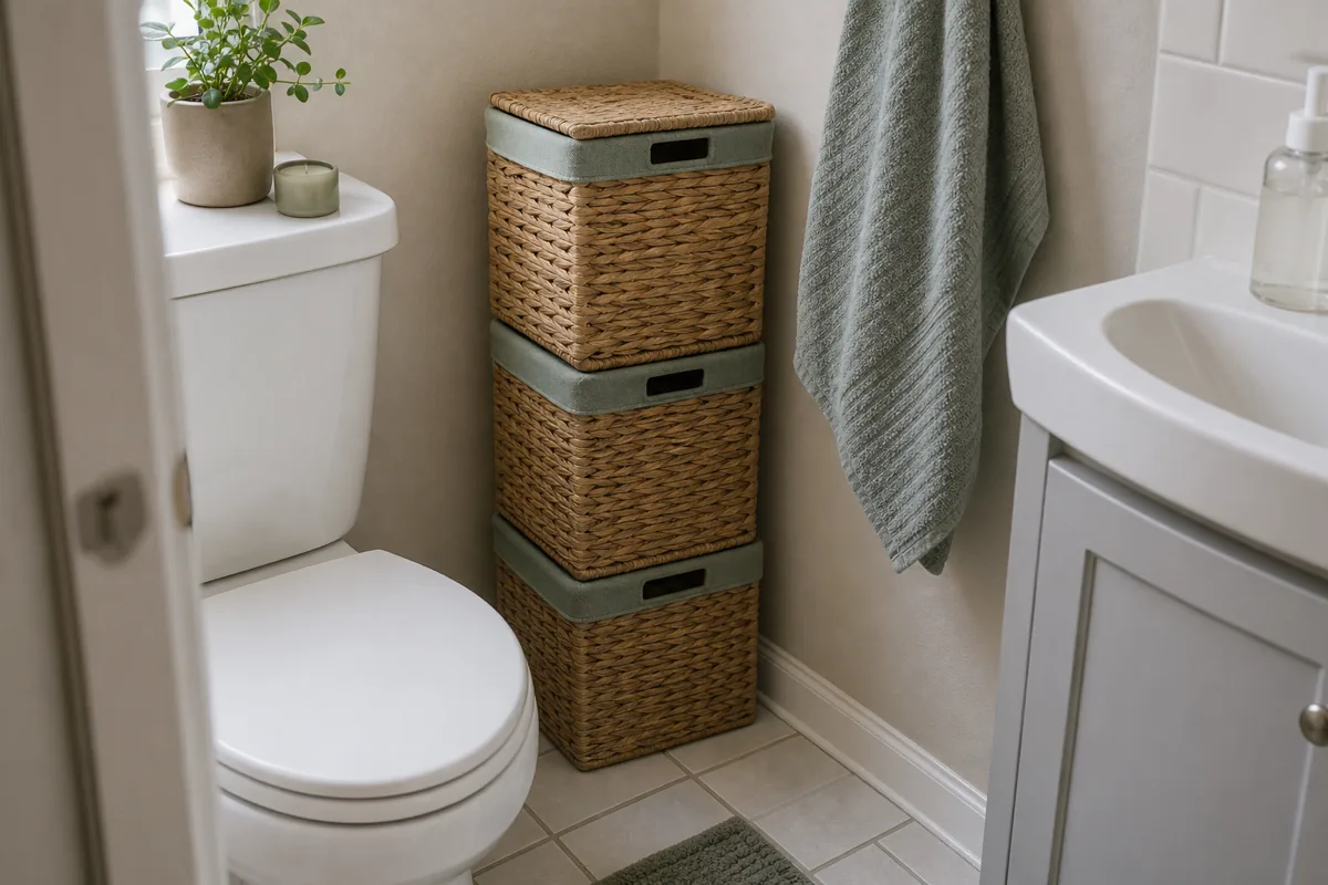 A narrow vertical tower of three lidded woven baskets stacked on the floor in the corner of a tiny bathroom, a single small footprint holding a lot