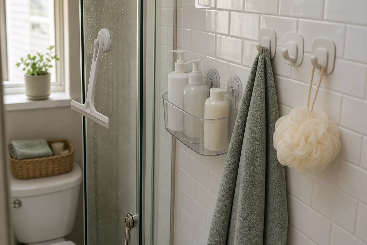 A clear suction caddy and a row of adhesive hooks stuck onto smooth tile and shower glass in a tiny rental bathroom, holding bottles and a towel without drilling