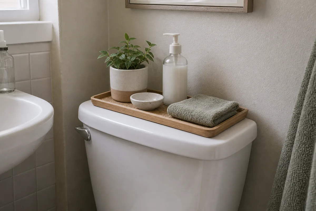 A small flat tray on the toilet tank lid in a tiny bathroom corralling a daily handful — a pump bottle, a small dish, a folded washcloth, a tiny plant