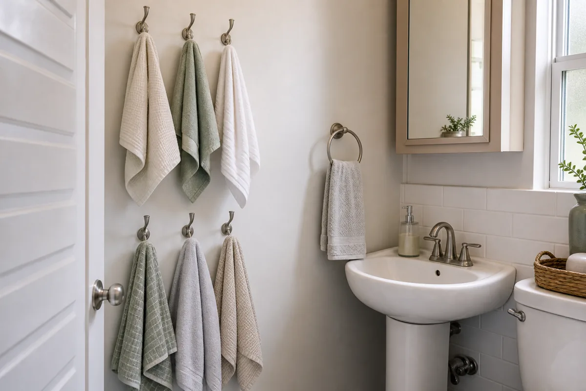 Two short rows of brushed-metal wall hooks holding folded and hanging towels plus a single wall ring with a hand towel in a tiny bathroom, holding towels in a narrow strip of wall