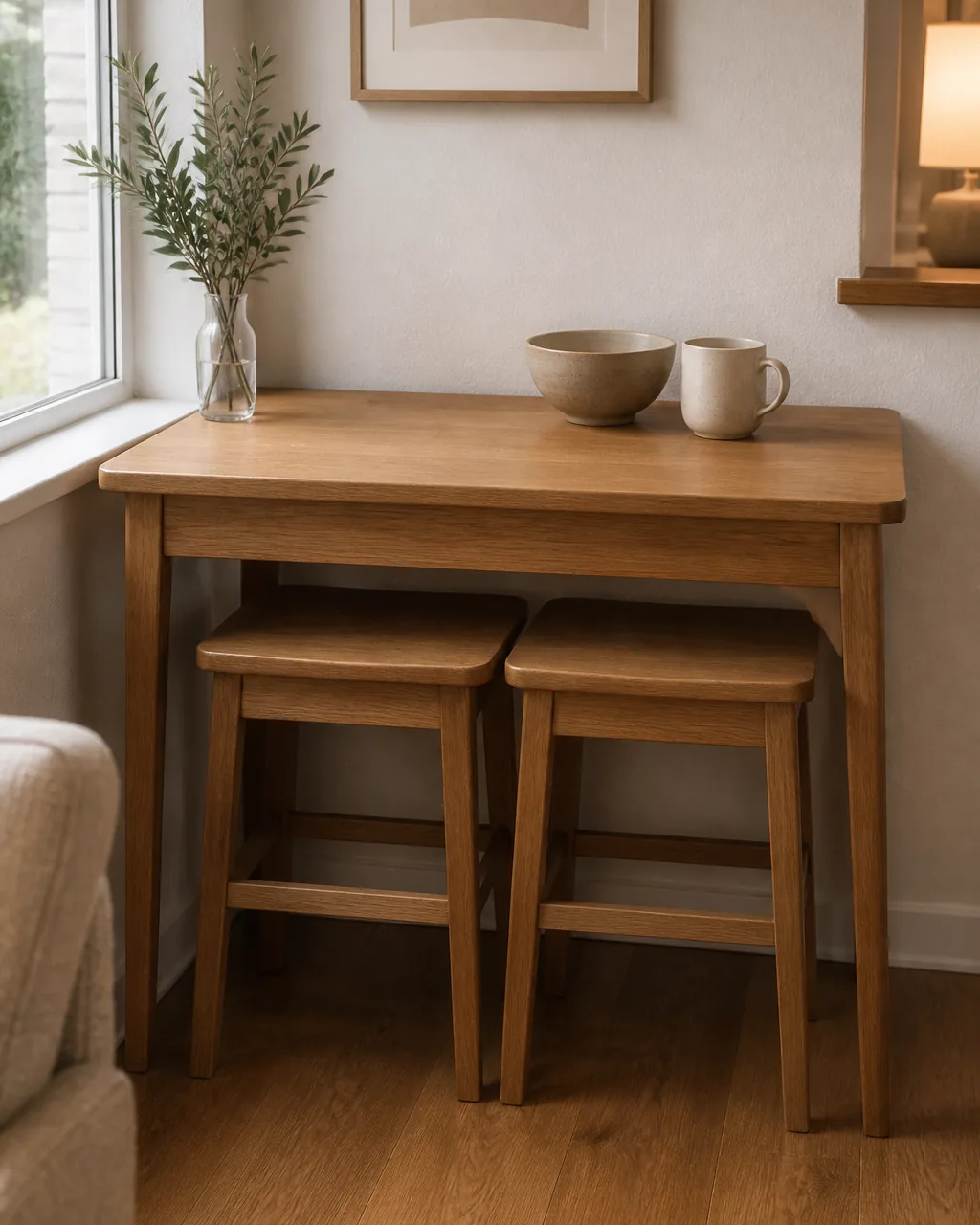 Two simple backless wooden stools tucked completely under a small dining table so they sit flush and hidden, warm-white wall behind, narrow walkway clear, soft daylight, the stools reading as seating that vanishes under the table to free up floor space