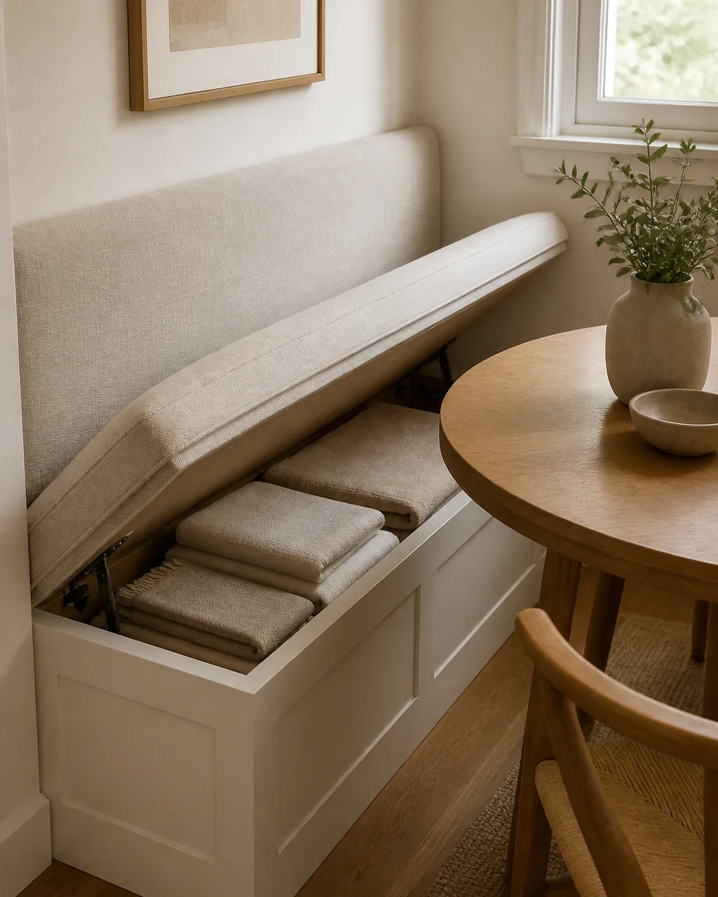 A built-in upholstered banquette bench along one warm-white wall of a small dining area, the seat cushion lifted to reveal hidden storage underneath holding folded linens, oatmeal linen seat pad, a small warm-oak table in front, soft daylight, the bench reading both seating and storage