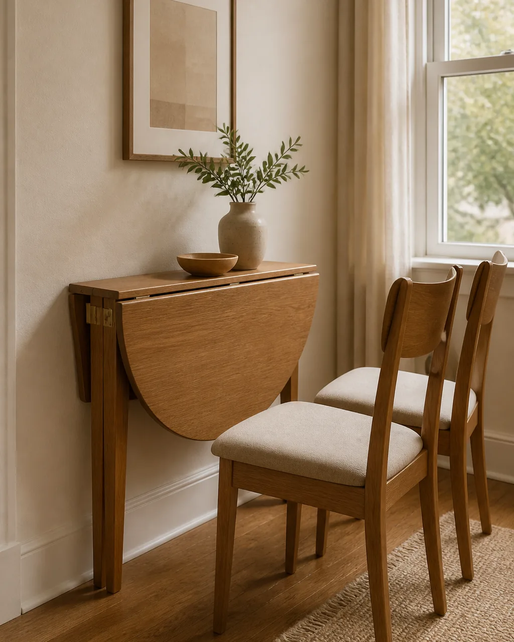 A warm wood drop-leaf dining table against a warm-white wall in a small dining area, one leaf folded down to a narrow profile against the wall, two slim chairs beside it, the folded table reading compact and out of the way, soft daylight, a small framed print above