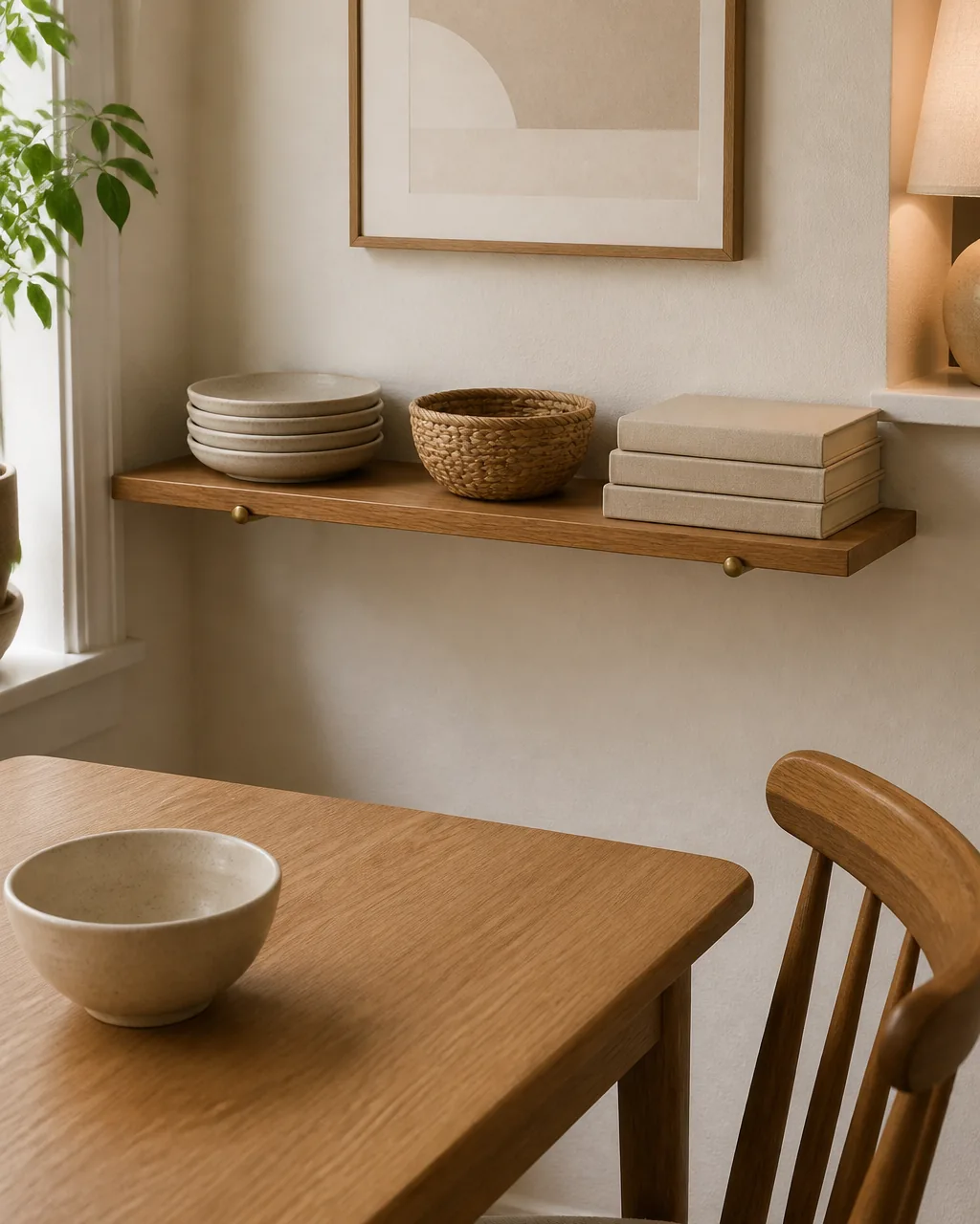 A slim warm-wood floating shelf mounted on a warm-white wall in a small dining area in place of a bulky sideboard, styled with a few stacked stoneware plates, a small woven basket, and a short stack of plain cloth-bound books, soft daylight, the wall-mounted shelf reading as storage that takes no floor space