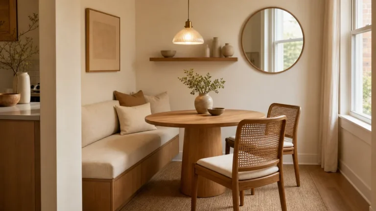 A wide editorial hero of a calm compact small dining area in a real apartment — a small round warm-oak pedestal table pushed near a warm-white wall with a cushioned built-in banquette on one side and two cane-back chairs on the other, a single simple pendant light hanging low over the table, a small jute rug anchoring the zone, a slim floating shelf on the wall with a few stoneware pieces, a large simple round mirror reflecting daylight, the space reading small but open and airy, soft natural daylight