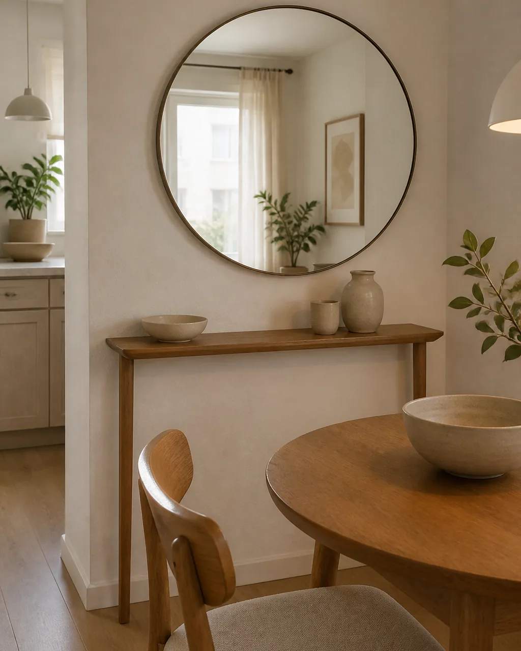 A large simple round mirror with a thin aged-metal frame hung on a warm-white wall beside a small dining table, reflecting daylight from a window and visually stretching the compact dining area, a slim console below it, soft daylight, the mirror reading as a way to make the small space feel bigger