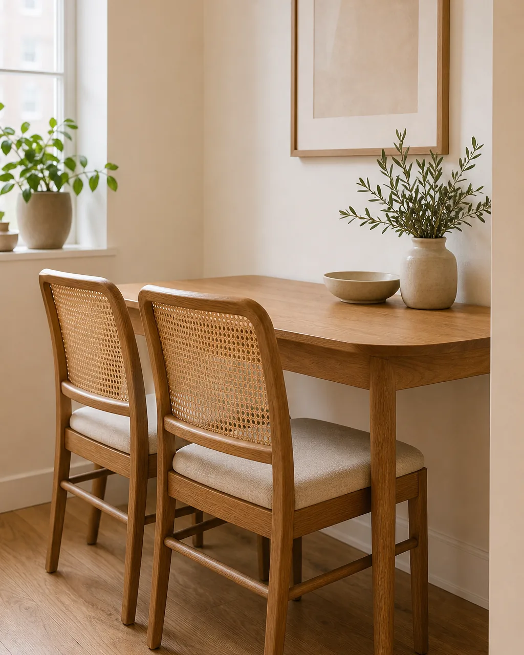 Two open-back cane chairs at a small dining table that keep sightlines clear and the room feeling airy, light passing through the open backs, warm-white wall visible behind them, warm-oak table, soft daylight, the see-through chairs reading as visually light seating for a tight space