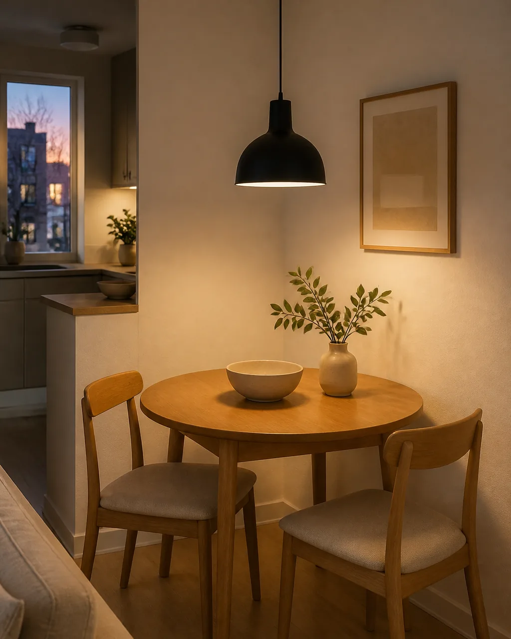 A single simple matte-black pendant light hanging low over a small round dining table, casting a warm pool of light that visually defines the dining zone in an open-plan apartment, warm-white wall, two chairs below, soft evening light, the pendant reading as a zone-marker for the dining spot