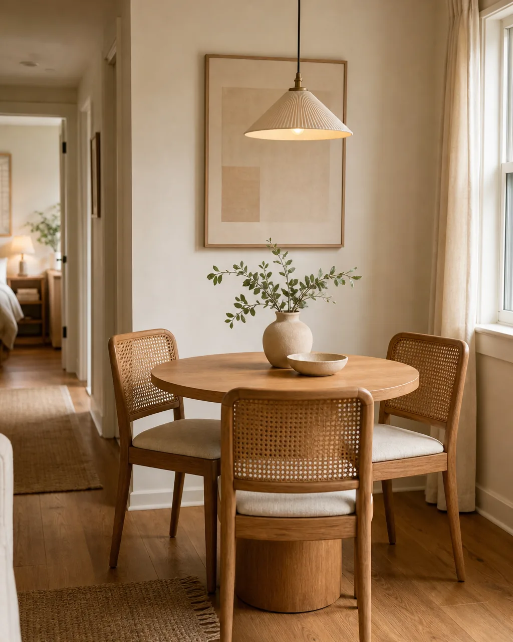 A small round warm-oak pedestal dining table with a single central base in a compact dining area, three cane-back chairs tucked close around it with no corners getting in the way, warm-white wall behind, narrow walkway visible, soft natural daylight, the round shape reading as more squeeze-room than a square table