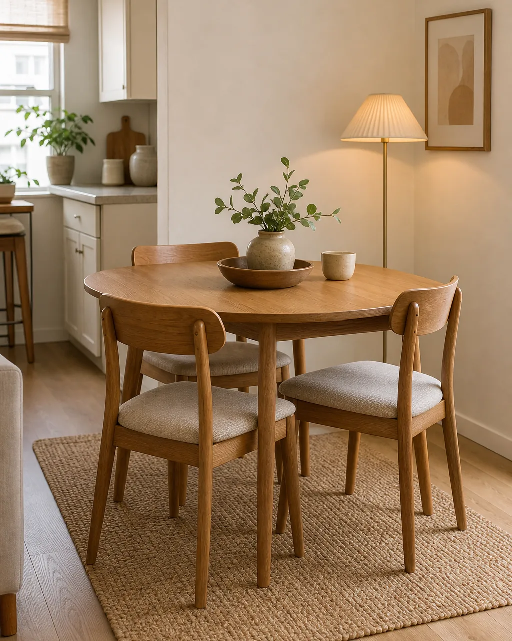 A small flat-weave jute rug placed under a compact dining table and chairs to anchor and define the dining zone within an open room, the rug sized just to the table footprint, warm oak table legs and chair legs on it, warm-white wall, soft daylight, the rug reading as a quiet boundary for the eating area