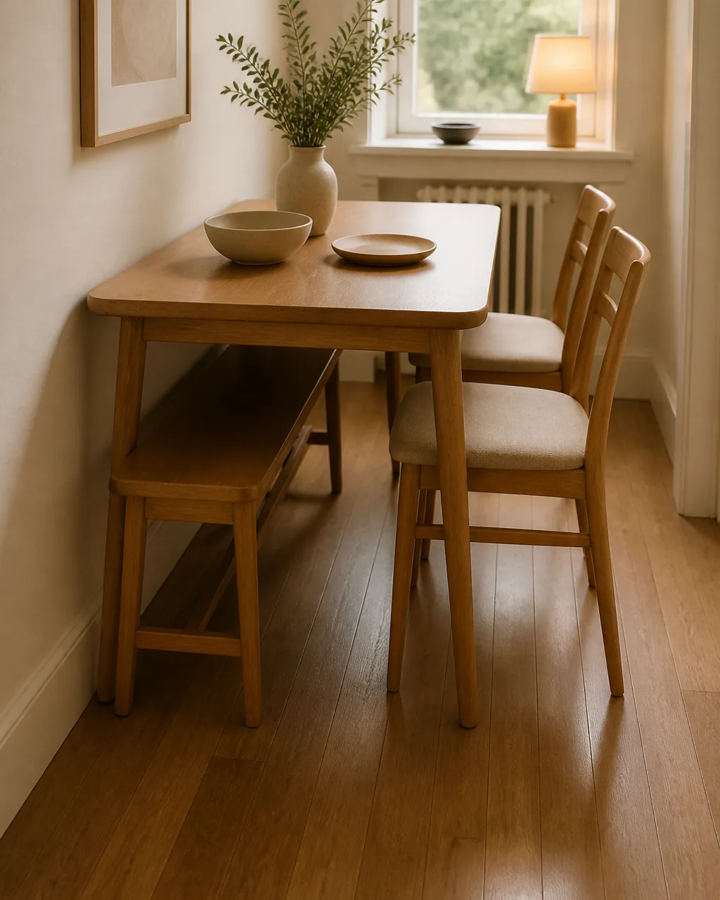A slim warm-wood dining bench on one side of a small dining table, the whole bench tucked fully under the table edge to clear the walkway, two chairs on the opposite side, warm-white wall, soft daylight, the bench reading as space-saving seating that disappears under the table