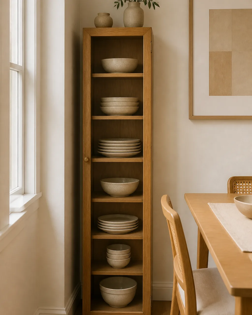 A slim tall narrow dish cabinet in warm wood standing against a warm-white wall in a small dining area, going vertical with several shelves of neatly stacked plain stoneware plates and bowls, a small footprint on the floor, soft daylight, the tall cabinet reading as dish storage that uses height instead of width