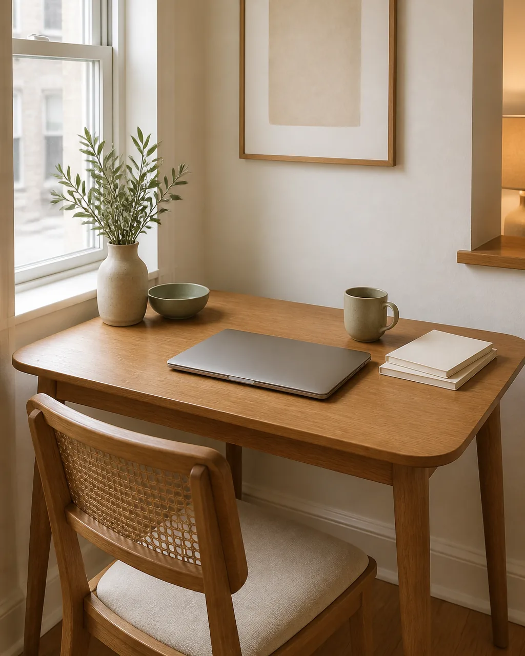 A small warm-oak dining table by a window doing double duty as a work desk in a compact apartment, a closed laptop and a small stack of plain notebooks and a warm ceramic mug on one end, a cane chair pulled up, warm-white wall, soft daylight, the table reading as both dining and workspace