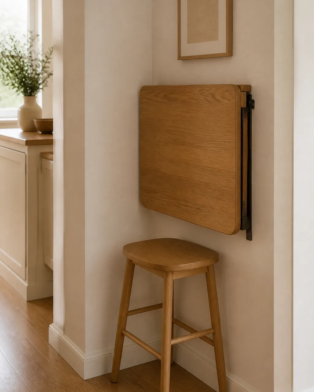A wall-mounted fold-down table on a warm-white wall in the tightest corner of a small dining area, the small wooden tabletop folded up flat against the wall on a simple bracket, one backless stool below it, soft daylight, the folded table reading as a clever space-saver for a narrow spot