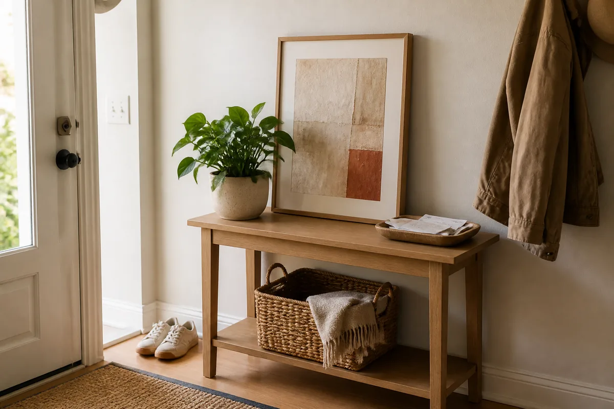 A small framed abstract print leaning on a wood entry bench beside a potted plant, with a coat hung nearby, shoes and a basket below, warm afternoon light
