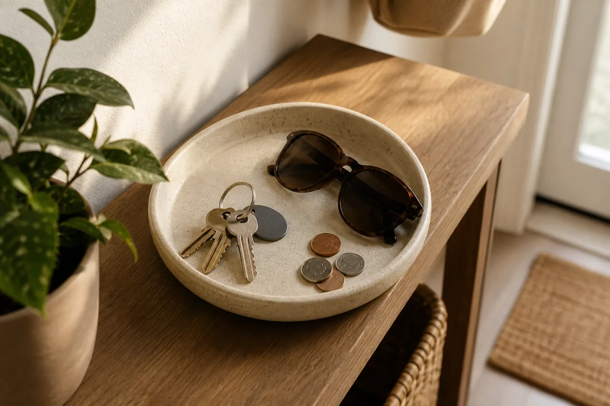 A shallow ceramic catchall tray on a wood console holding keys, folded sunglasses, and a few coins, beside a potted plant, with afternoon light