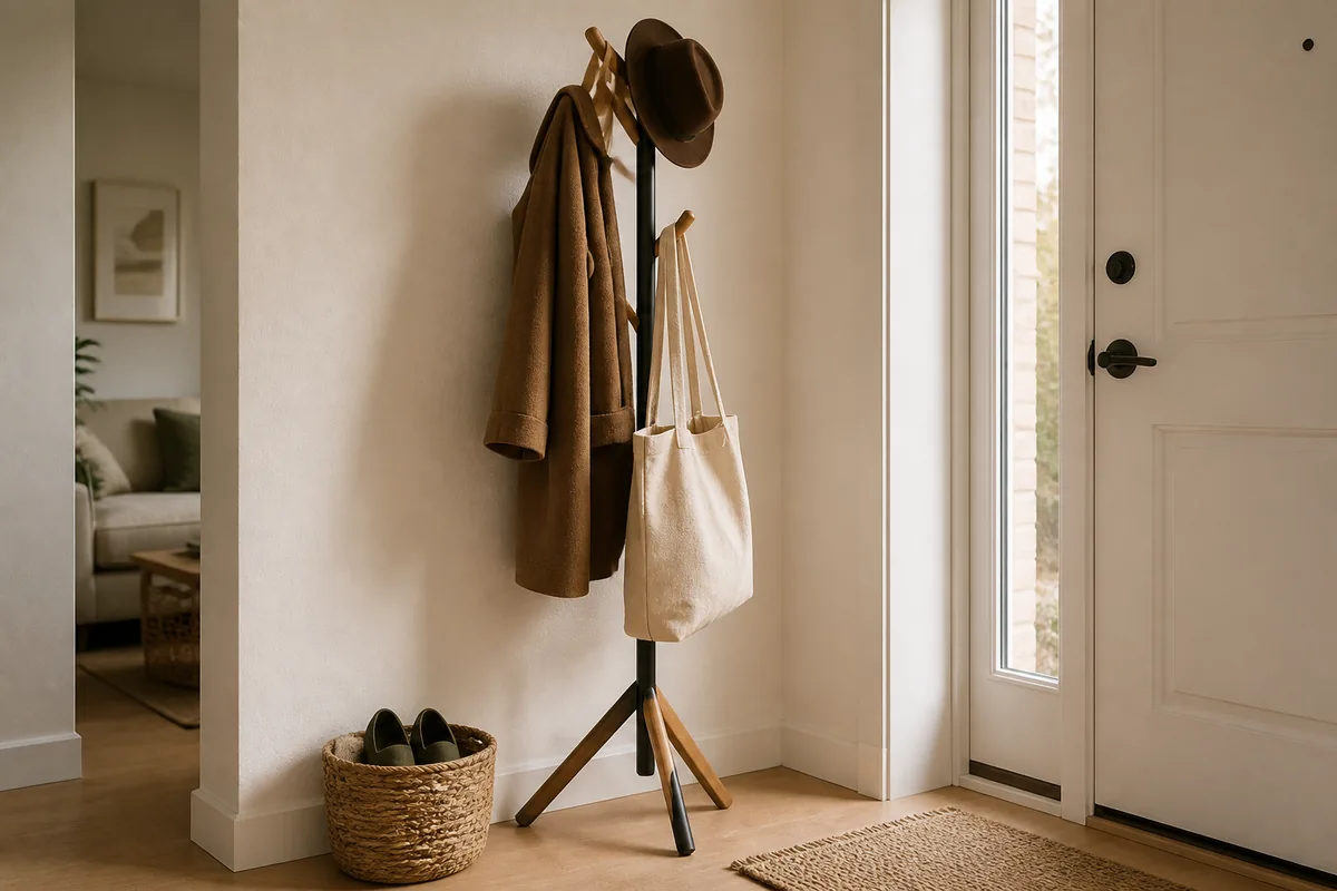 A slim freestanding wood tripod coat rack in an entry corner hung with a wool coat, a felt hat, and a tote, a basket of shoes at its base, near a front door