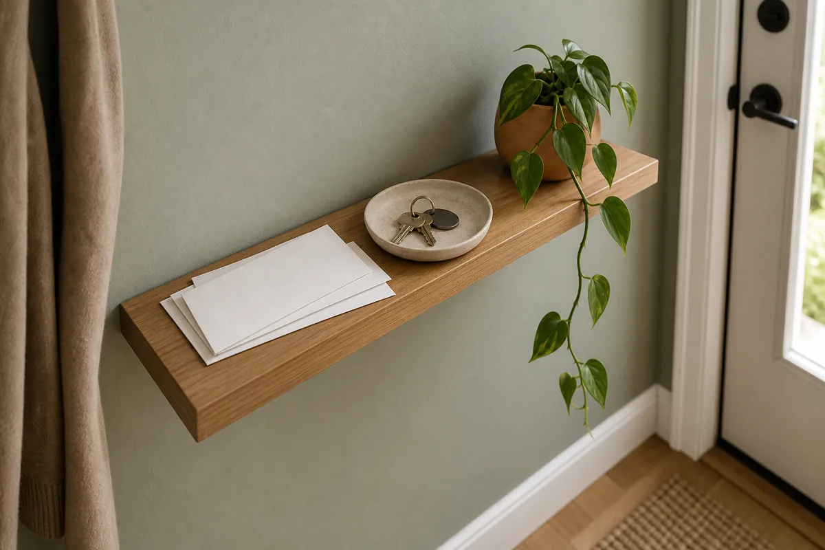 A narrow floating wood wall shelf inside a front door on a sage wall, holding blank white mail, a small key dish, and a trailing pothos