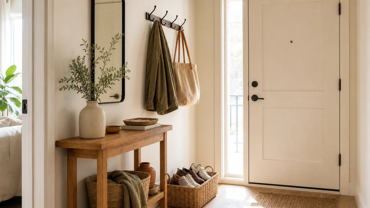 A small bright apartment entryway with a narrow console table against the wall, a slim framed mirror above it, a row of wall hooks holding coats, and a woven basket of shoes by the front door