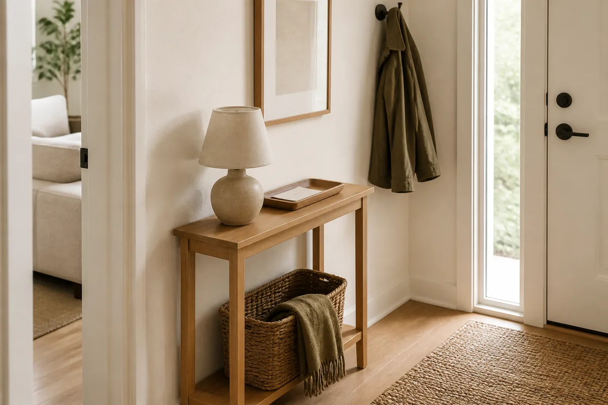 A narrow wood console table against a warm-white entry wall holding a ceramic lamp and a tray, with a woven basket and throw on the lower shelf, a coat hung beside it