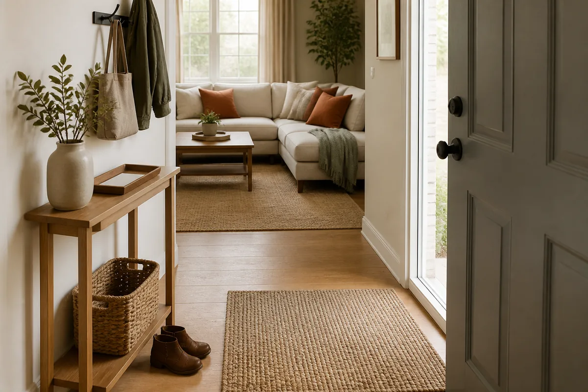 A front door opening into a living room, with a jute rug at the threshold, a slim console with a plant beside the door, and a sectional sofa beyond