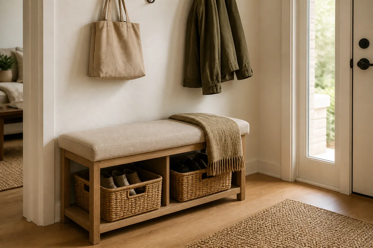 A cushioned-top wood storage bench against a warm-white entry wall with two woven baskets of shoes in the cubbies below, a throw on one end, coats hung above
