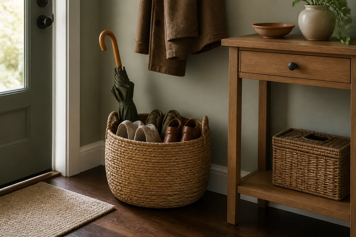 A sturdy woven floor basket beside a wood console corralling shoes and a wood-handled umbrella, a coat hung above, on a dark wood floor by a front door