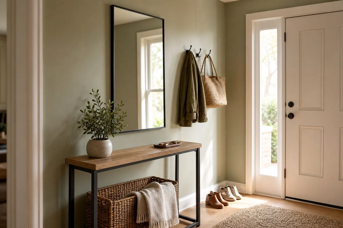 A slim rectangular mirror in a thin black frame above a console in a sage entryway, reflecting daylight, with hooks and a coat beside it