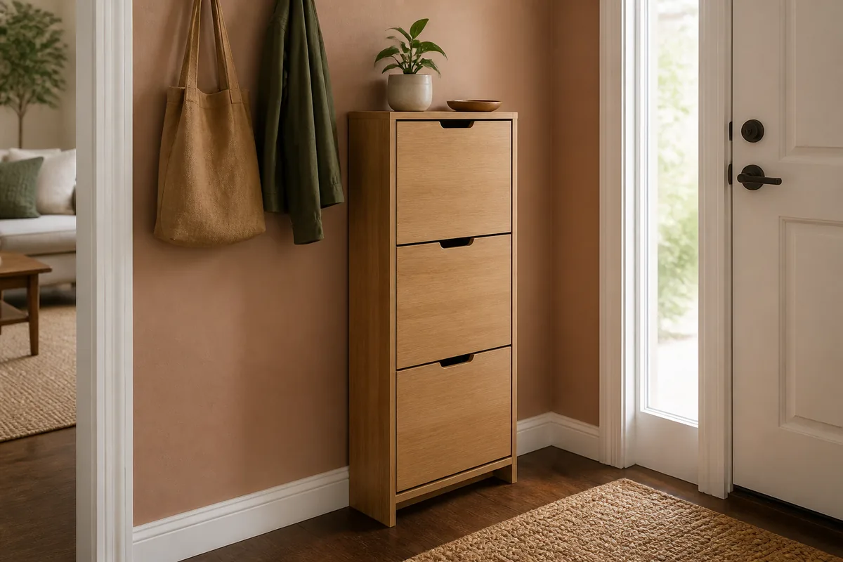 A tall narrow flip-drawer wood shoe cabinet flush against a clay-colored entry wall, a plant on top, a coat and tote hung beside it, near a front door