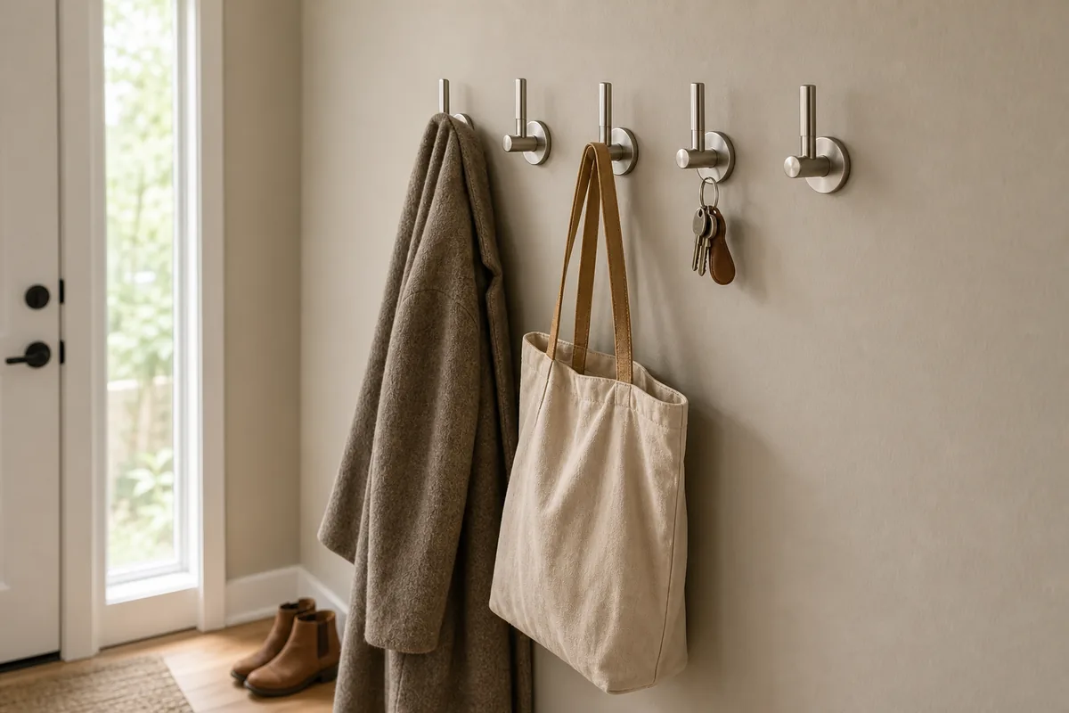 A row of five brushed-metal wall hooks on a greige entry wall holding a wool coat, a canvas tote, and a set of keys, with a door and boots nearby