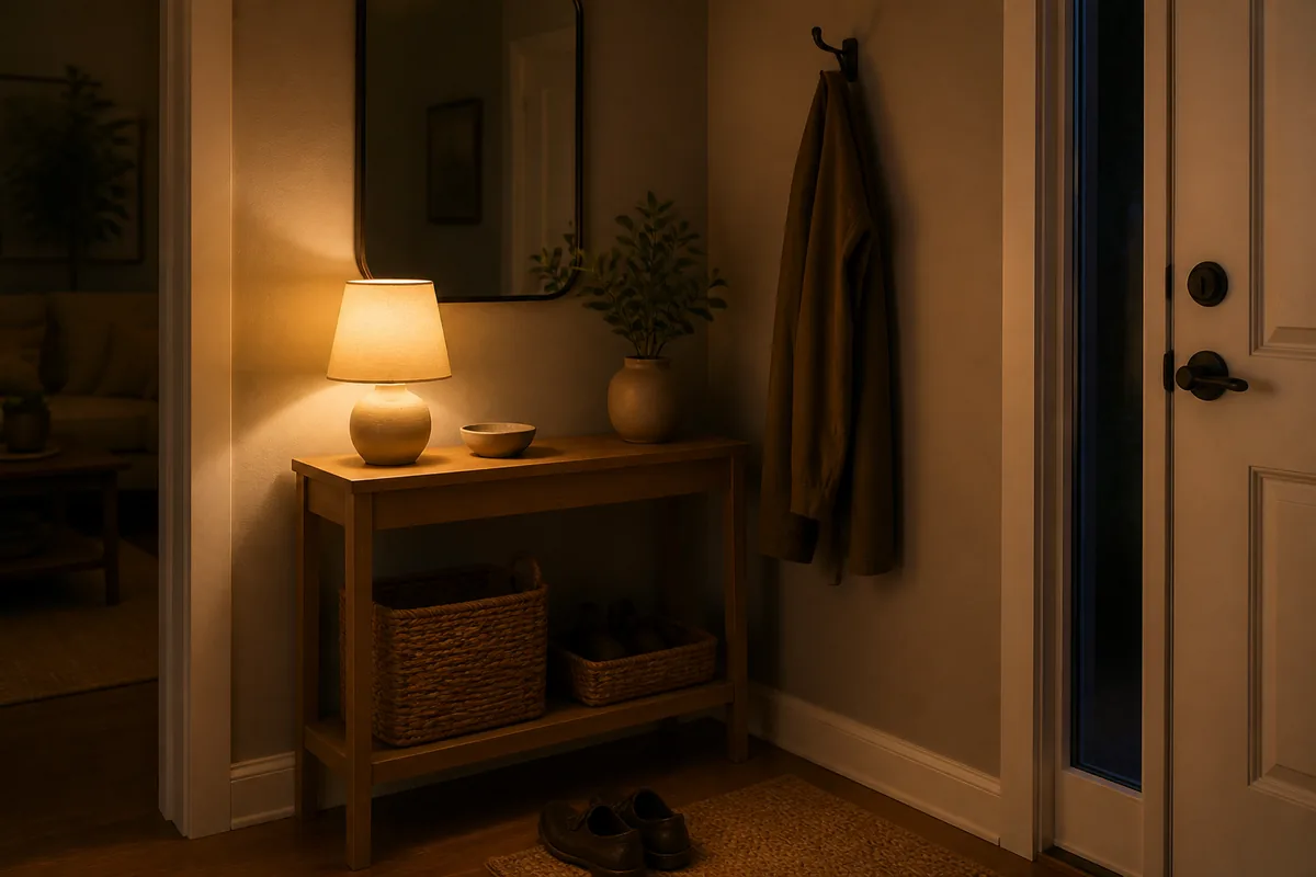 A small entryway at dusk lit only by a warm table lamp on the console, its amber glow washing the wall, mirror, and a hung coat, the rest softly shadowed
