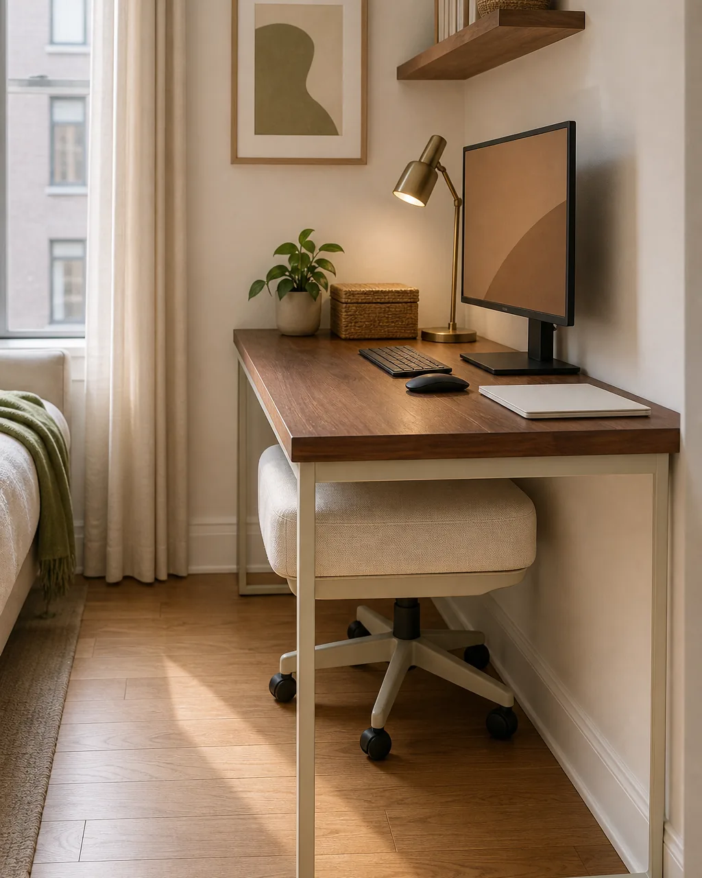 A direct side view of a small armless cream linen task chair tucked completely all the way under a warm-walnut desk so the chair seat is hidden beneath the desktop and the floor in front of the desk is completely clear and walkable