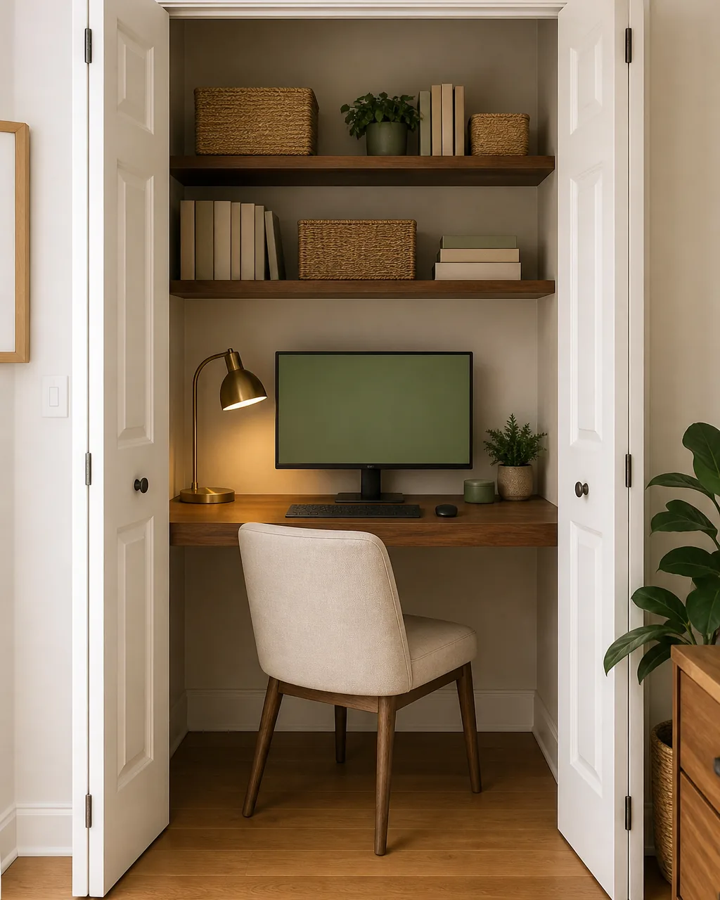 A direct front view of a small apartment hallway closet repurposed as a workstation with the bifold closet doors visibly swung open on both sides revealing a warm-walnut shelf desk built into the closet at sitting height, a cream linen chair tucked in, a small generic monitor and a single warm task lamp on the desktop