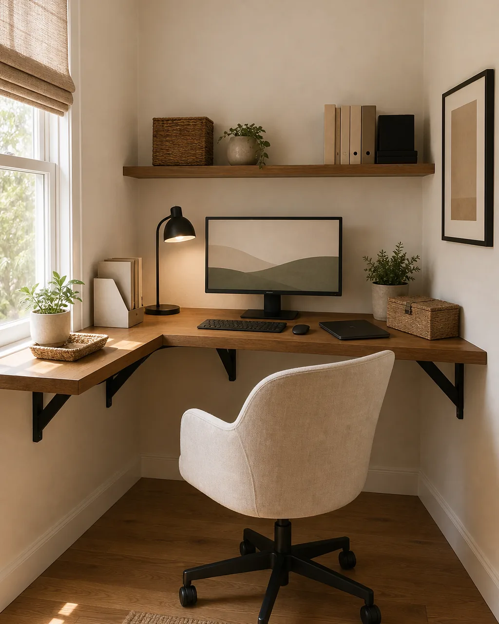 A direct front-corner view of a warm oak L-shaped floating desk mounted into a small apartment room corner with visible matte black L-brackets bolted into the warm-white walls under the desktop, the desktop hugging two adjacent walls so the floor below is completely clear with no desk legs, a small generic monitor and a cream linen chair pulled up to one leg of the L