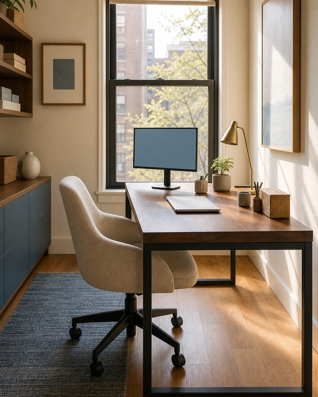 A direct side view of a warm-walnut desk pulled completely away from the wall and positioned directly facing a real apartment window framed visibly in the shot, the chair sits with its back to the room and the user would face the window while working, soft natural daylight pouring directly onto the desk surface
