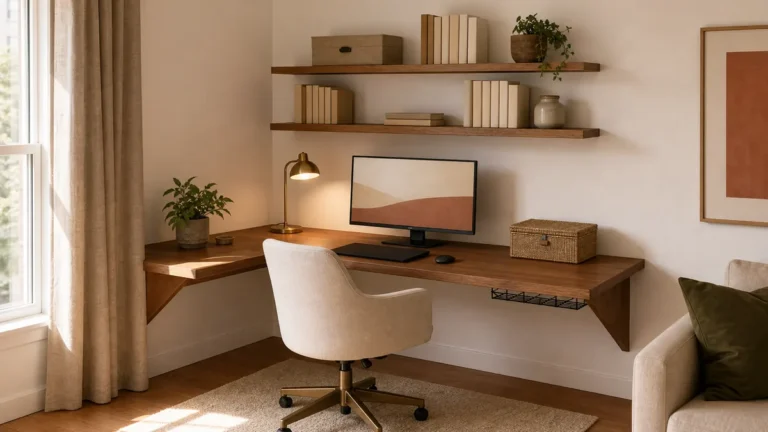 A wide hero of a real warm calm US apartment HOME OFFICE workstation tucked into a corner of a room, a warm oak L-bracket floating desk hugging two warm-white walls, cream linen task chair, ONE warm task lamp glowing on the corner of the desk, a small generic monitor showing only a calm muted abstract wallpaper with no text or icons, a sea-grass woven box and a single small live plant on the desk, two open warm-oak shelves above the desk holding plain blank-spine books and a closed lid box, a small low-pile warm-cream rug under just the chair, soft natural daylight from an apartment window off-frame left, warm oak floor visible, calm and curated, no labels and no logos