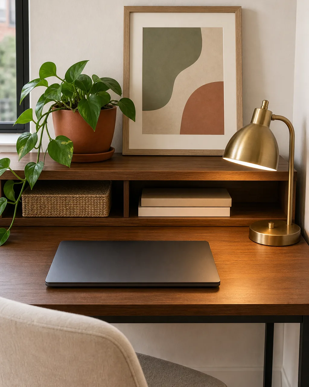 A direct front close view of a small home office desk corner with ONE small live trailing pothos plant in a warm-terracotta pot sitting on the desk shelf and ONE small framed art print propped against the wall behind it showing an abstract muted-color shape with NO recognizable image or text, the desk surface in front shows a closed laptop with a blank lid and the warm task lamp glowing
