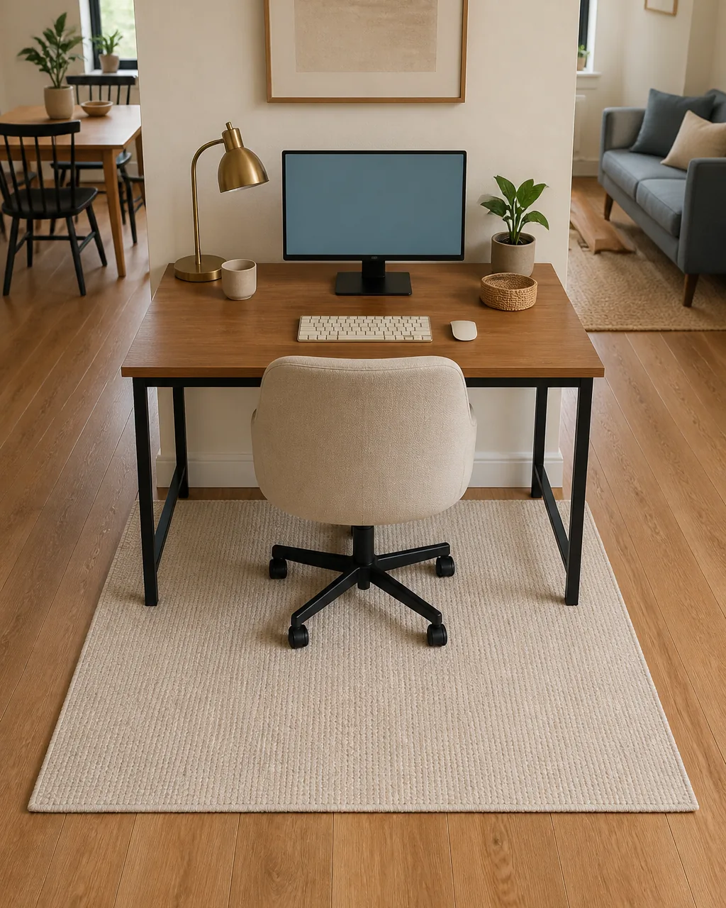 A direct front-elevated view of a small low-pile warm-cream rug placed under just a desk and chair set inside a larger open room visible around it, the rug sized so it covers just the chair zone and the front of the desk legs, the surrounding warm oak floor visible all around the rug making it obvious the rug is defining a small work zone within the larger room