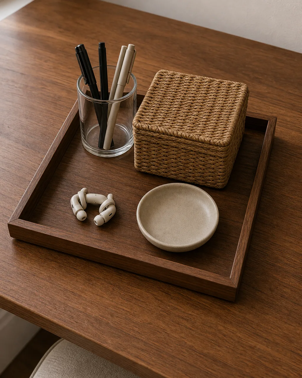 A slight overhead view of a flat shallow warm-walnut tray caddy sitting on a desk corralling a small plain glass pen jar, a closed sea-grass storage box, a folded pair of unbranded earbuds, and a small ceramic dish, the rest of the desktop around the tray completely clear