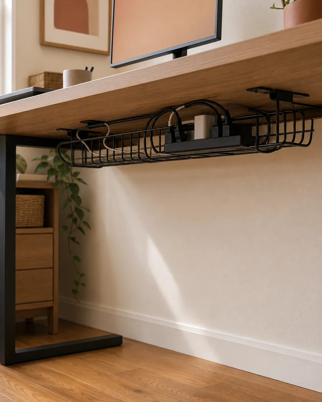 A slight overhead-angle view from below the desktop showing a slim matte black wire cable management tray clipped to the underside of a warm-oak desktop with visible cables routed neatly into the tray and all converging into ONE single power strip mounted to the underside of the desk, the floor below the desk completely clear of any cords