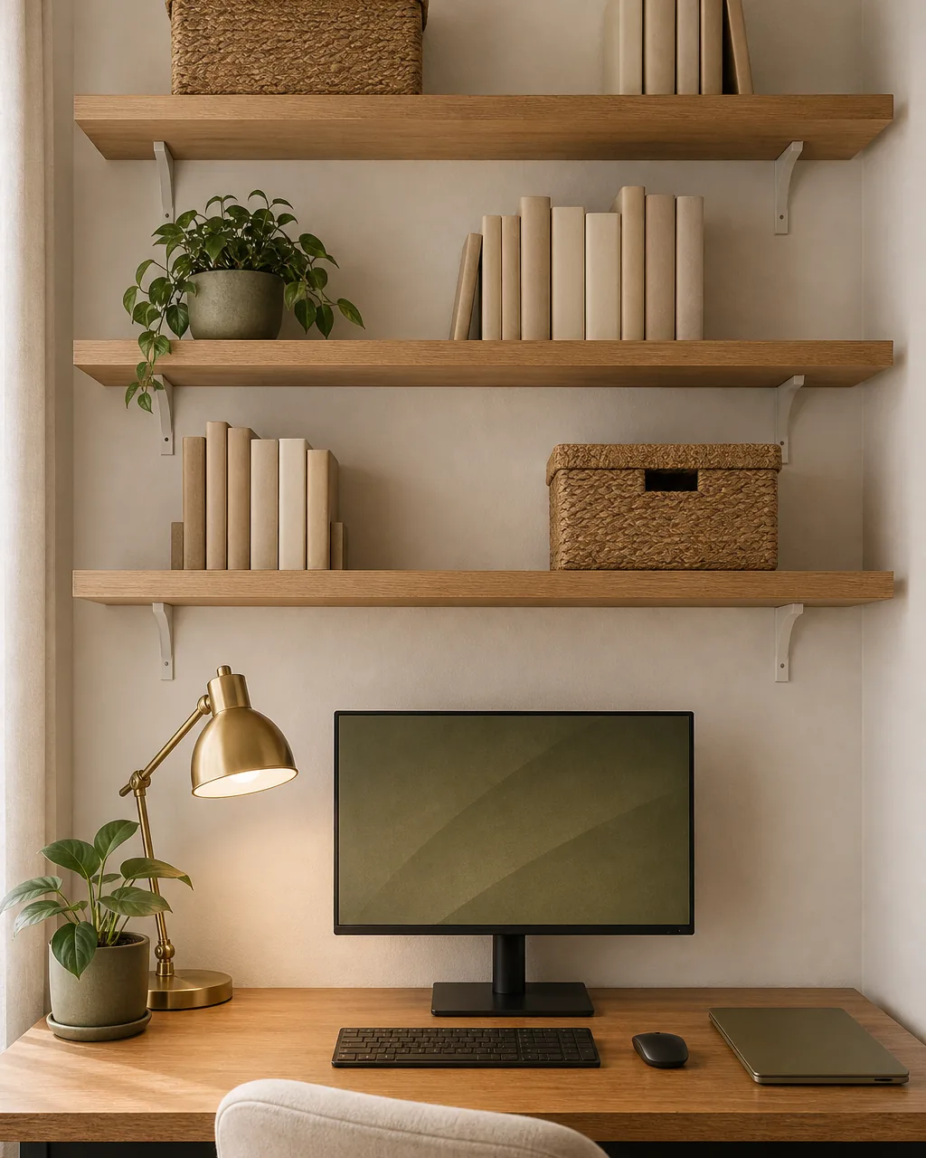 A direct front view looking slightly up at three open warm-oak shelves mounted on a warm-white wall directly above a desk visible at the bottom of the frame, the shelves stacked vertically holding plain blank-spine books, two closed lid sea-grass boxes, and one small live plant, the storage going UP the wall instead of spreading sideways