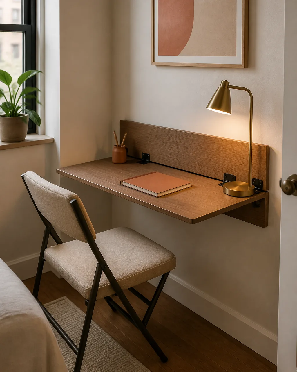 A direct side-front view of a slim wall-mounted drop-down desk attached to a warm-white wall with the desktop currently lowered horizontal into work position and visible matte black piano hinges along the back edge connecting to the wall, a cream linen folding chair pulled up, a single notebook with a blank cover and a small task lamp on top