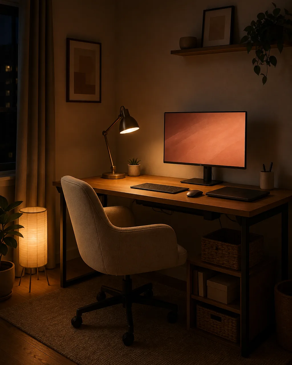 A front three-quarter view of a small home office workstation at dusk lit by ONE warm-color task lamp glowing on the corner of a warm-oak desk and ONE small warm ambient floor lamp behind the chair, the room ceiling above completely dark with NO overhead light on, warm pools of light from the two lamps creating a calm focused atmosphere