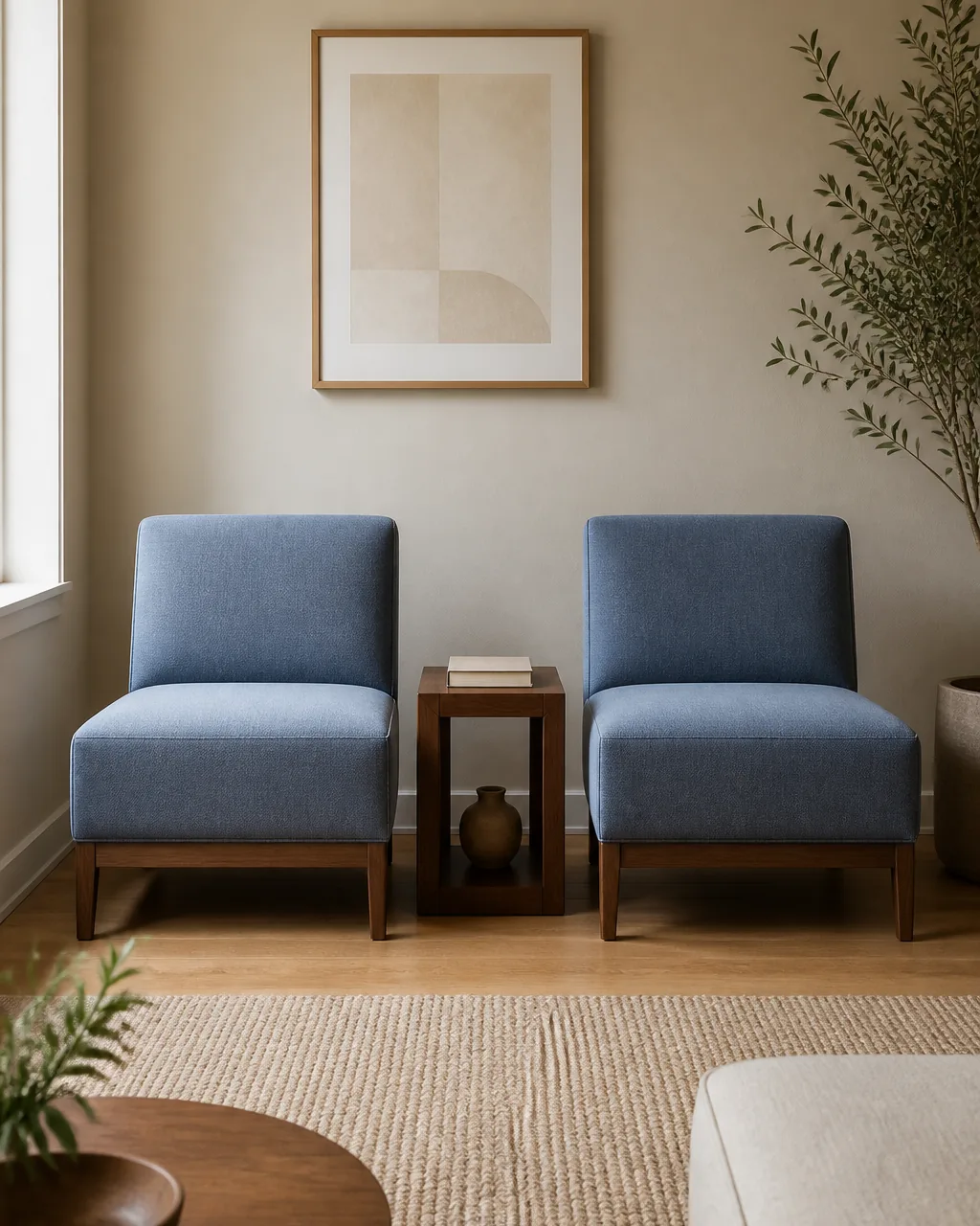 Two plain armless accent chairs in soft dusty blue wool sitting side by side against a warm oat wall on a warm oak floor a small warm walnut side table between them with one blank-cover book slim low-back silhouettes with no arms