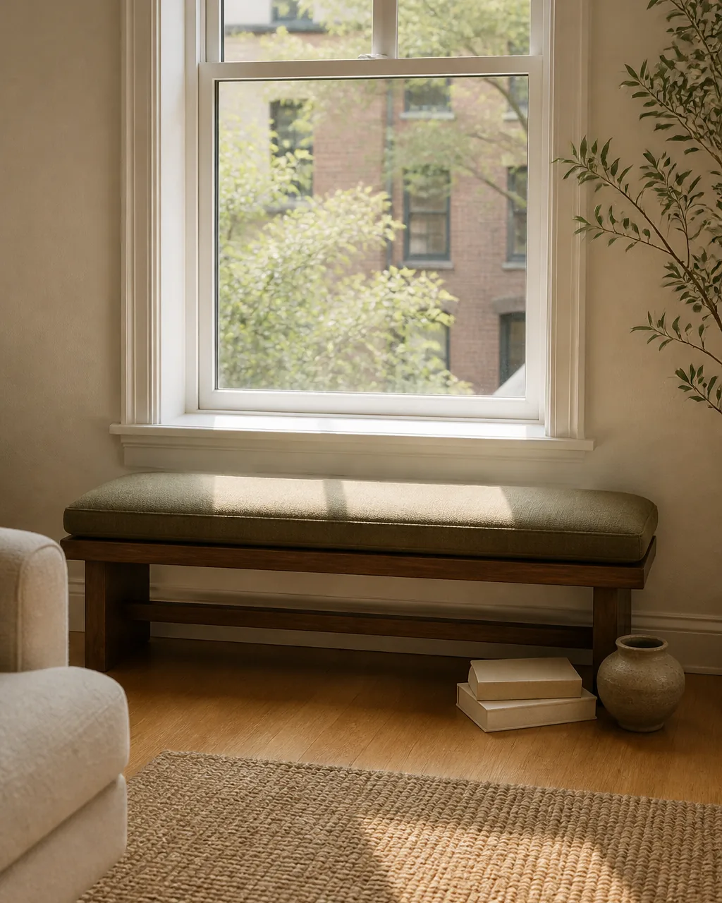 A long low backless bench in warm walnut with a soft muted olive linen cushion tucked directly under a tall real window in a warm-white wall two blank-cover books and a small clay vessel beside the bench on the warm oak floor soft daylight pouring through the window onto the cushion
