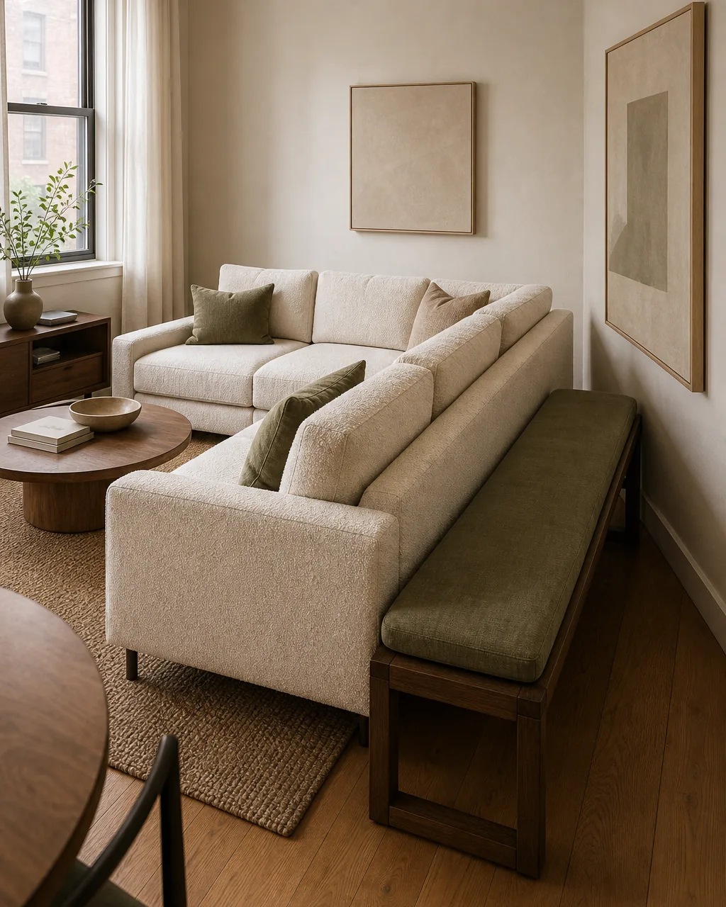 A three-quarter view from slightly behind showing a small ivory boucle sectional hugging the inside corner with a long low deep bench in warm walnut with a soft muted olive linen cushion parked directly behind the back of the sectional against a warm-white wall clearly serving as spillover seating a small abstract blank-letter framed canvas above the bench soft daylight