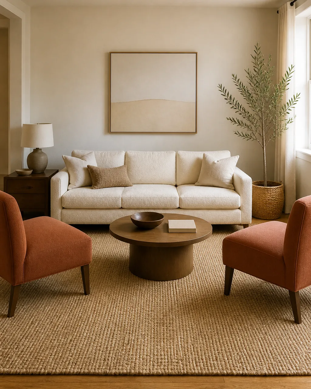 A wider straight-on view of a small living room with one large neutral natural-fiber jute rug covering most of the warm oak floor the front legs of an ivory boucle sofa and two soft-rust armless chairs all clearly sitting on the rug a small abstract blank-letter canvas above the sofa on a warm-white wall