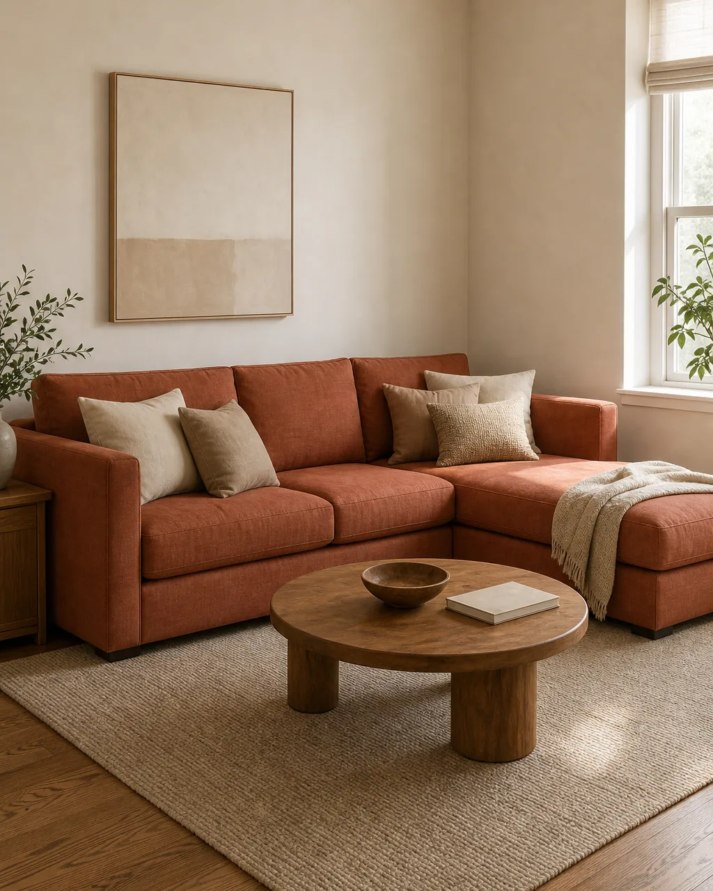 A right-size small sectional in muted terracotta performance linen hugging the inside corner of two warm-white walls clean straight arms a large neutral wool rug anchoring the front legs on a warm walnut floor a small abstract blank-letter canvas on the wall